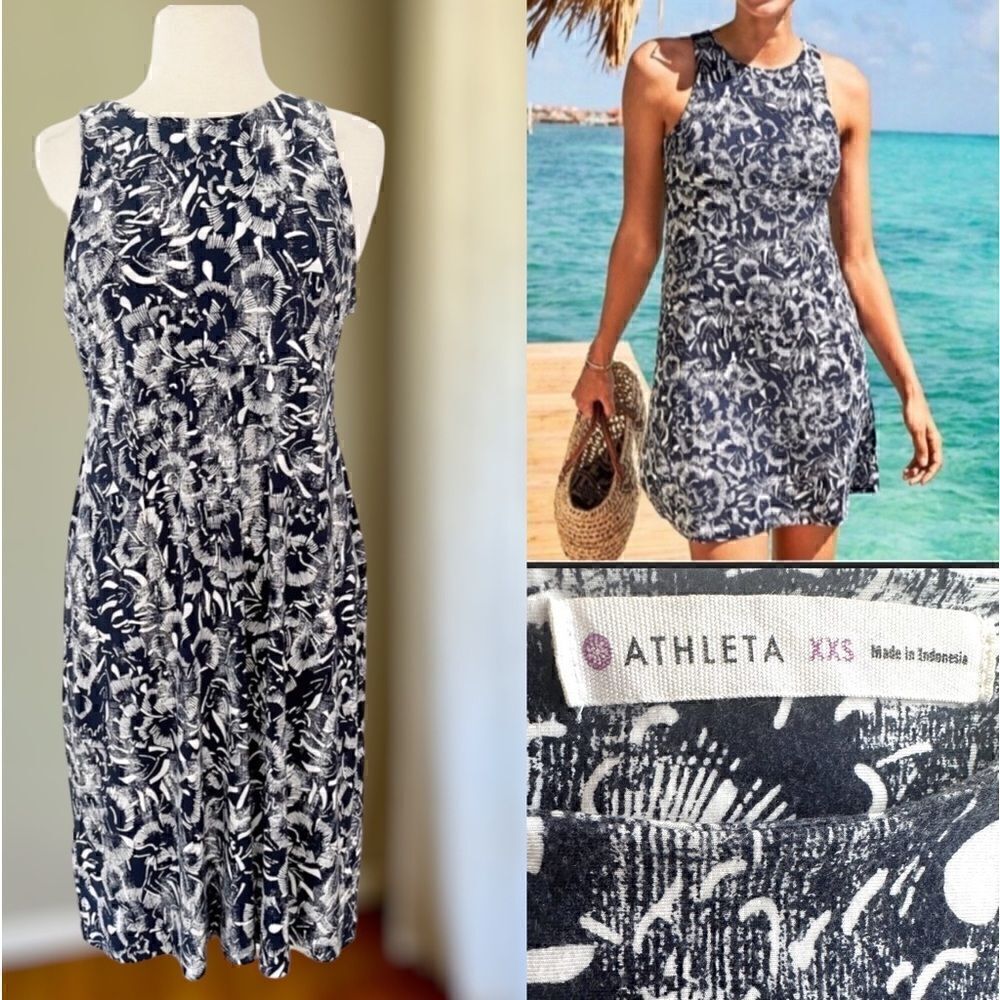 Athleta Santorini High Neck Indigo Floral Dress Size XXS